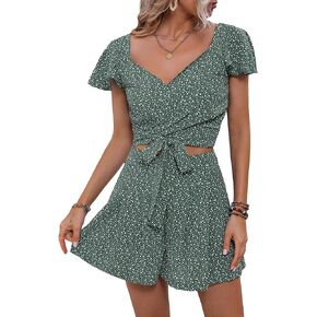 Verdusa Women's 2 Piece Outfits Floral Print Flounce Sleeve Wrap Crop Top and Shorts Set