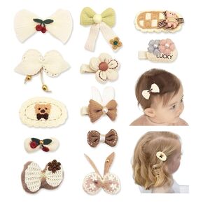 12 pcs Hair Clips for Girls Fabric Flower Hair Clips Fully Lined Hair Bows Barrettes Cute Cotton Floral Hair Accessories for Toddler Infant Kids (Bear - Brown)