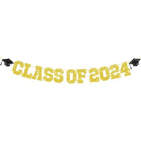 Graduation Decorations Class of 2024, 2024 Graduation Party Decorations, Congrats Grad Banner, Class of 2024, Black and Gold Glitter Sign for College Graduation Party Supplies in Kuwait