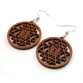 Circle Wooden Earrings Sri Yantra Mandala, 0g, 32 mm, Yoga Jewelry, Tantra Gifts, Spiritual Jewelry