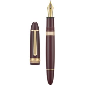 Yongsheng Junlai 630 Acrylic Fountain Pen, Size 8 Medium Nib with Piston Filling System, Wine Red Transparent Ink Tank Design Smooth Writing Pen (Gold Trim)