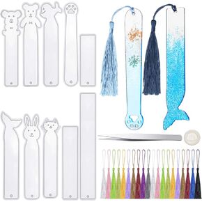 10 Pieces Silicone Bookmark Resin Mold DIY Bookmark Mould Epoxy Resin Casting Mold in 10 Cute Styles with 20 Pieces Random Color Tassels Craft, 20 Finger Cots and Tweezers for DIY Crafts Making