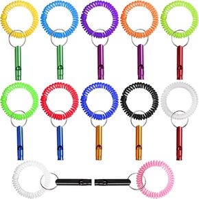 Leery 12pcs Metal Sport Whistles & 12pcs Stretchable Coil Wrist Keychain Ring Bracelets for Coaches Referees Lifeguarding Survival Emergency Training Outdoor Adventure or Camping Trip