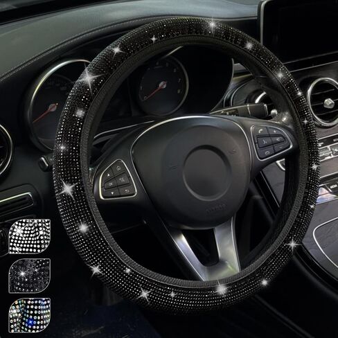 Bling Diamond Car Steering Wheel Cover, Anti-Slip Soft 14.5-15.5 Inch Sparkly Rhinestone Steering Wheel Protector for Women Men, Universal Fit Most Car Truck SUV(Black) in Saudi Arabia