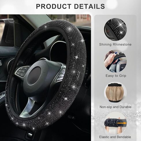 Bling Diamond Car Steering Wheel Cover, Anti-Slip Soft 14.5-15.5 Inch Sparkly Rhinestone Steering Wheel Protector for Women Men, Universal Fit Most Car Truck SUV(Black) in Saudi Arabia