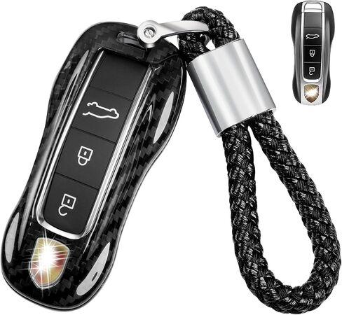 Real Glass Fiber Key Fob Cover with Porsche Keychain for 2018-2024 Porsche 911 Carrera Panamera Taycan Cayenne 918, Key Fob Case Shell Protector for Porsche Smart Key Case(Black) in Saudi Arabia