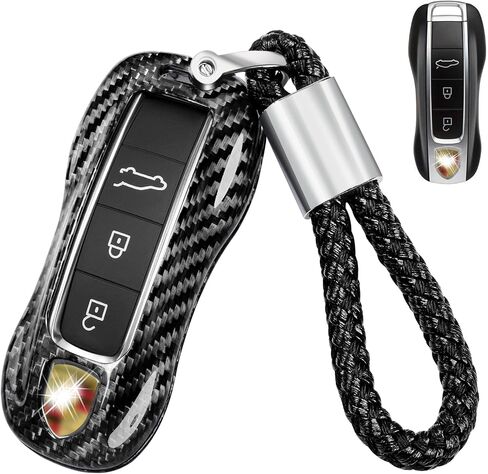 Real Glass Fiber Key Fob Cover with Porsche Keychain for 2018-2024 Porsche 911 Carrera Panamera Taycan Cayenne 918, Key Fob Case Shell Protector for Porsche Smart Key Case(Black) in Saudi Arabia