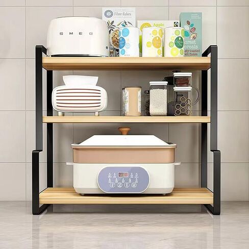 Solid Wood Student Desktop Shelf Kitchen Seasoning Condiment Storage Rack, Study Computer Desk 3-Tier Bookshelf Layered File Storage Organizer Bookcase (Black+Oak, 3-Tier) in Saudi Arabia
