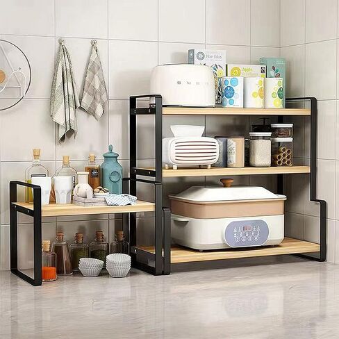 Solid Wood Student Desktop Shelf Kitchen Seasoning Condiment Storage Rack, Study Computer Desk 3-Tier Bookshelf Layered File Storage Organizer Bookcase (Black+Oak, 3-Tier) in Saudi Arabia