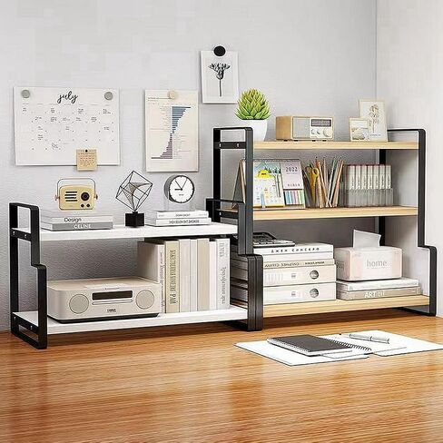 Solid Wood Student Desktop Shelf Kitchen Seasoning Condiment Storage Rack, Study Computer Desk 3-Tier Bookshelf Layered File Storage Organizer Bookcase (Black+Oak, 3-Tier) in Saudi Arabia