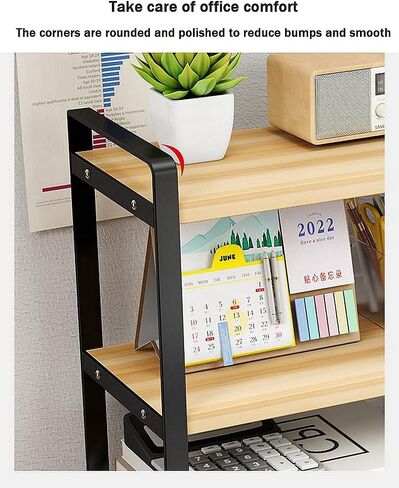 Solid Wood Student Desktop Shelf Kitchen Seasoning Condiment Storage Rack, Study Computer Desk 3-Tier Bookshelf Layered File Storage Organizer Bookcase (Black+Oak, 3-Tier) in Saudi Arabia
