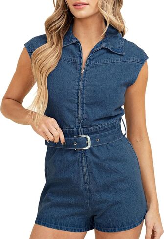 Cicy Bell Womens Summer Denim Rompers Cap Sleeve Zip Up Belted Short Jeans Jumpsuits in Saudi Arabia