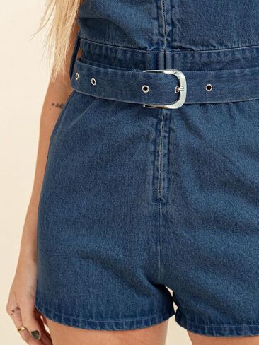 Cicy Bell Womens Summer Denim Rompers Cap Sleeve Zip Up Belted Short Jeans Jumpsuits in Saudi Arabia