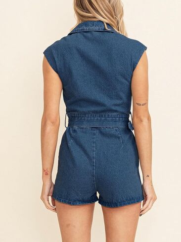 Cicy Bell Womens Summer Denim Rompers Cap Sleeve Zip Up Belted Short Jeans Jumpsuits in Saudi Arabia
