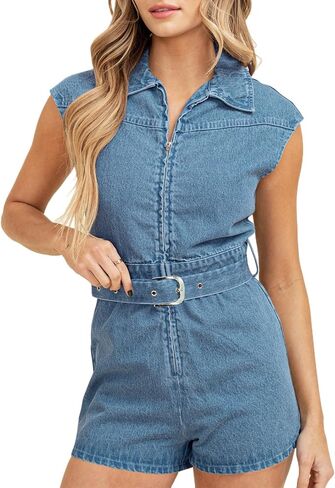 Cicy Bell Womens Summer Denim Rompers Cap Sleeve Zip Up Belted Short Jeans Jumpsuits in Saudi Arabia