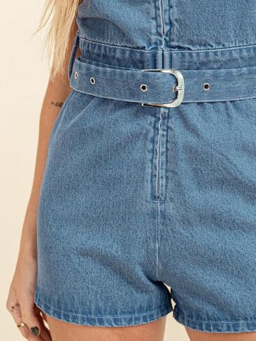 Cicy Bell Womens Summer Denim Rompers Cap Sleeve Zip Up Belted Short Jeans Jumpsuits in Saudi Arabia