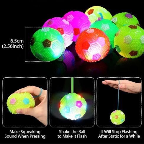 16 Pieces LED Light Fidget Spiky Soccer Ball Stress Relief Balls LED Flashing Basketball with Rope Rubber Flash Squeaky Ball for Adults, Teens and Children in Saudi Arabia