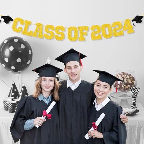 Graduation Decorations Class of 2024, 2024 Graduation Party Decorations, Congrats Grad Banner, Class of 2024, Black and Gold Glitter Sign for College Graduation Party Supplies in Kuwait