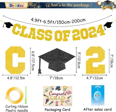 Graduation Decorations Class of 2024, 2024 Graduation Party Decorations, Congrats Grad Banner, Class of 2024, Black and Gold Glitter Sign for College Graduation Party Supplies in Kuwait