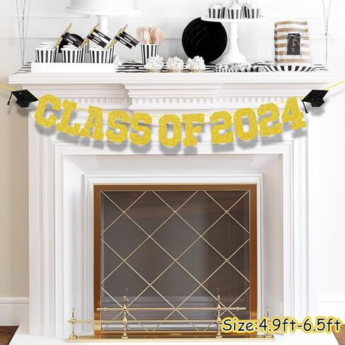 Graduation Decorations Class of 2024, 2024 Graduation Party Decorations, Congrats Grad Banner, Class of 2024, Black and Gold Glitter Sign for College Graduation Party Supplies in Kuwait