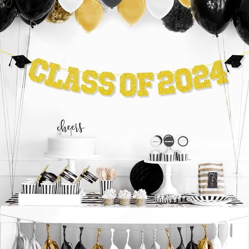 Graduation Decorations Class of 2024, 2024 Graduation Party Decorations, Congrats Grad Banner, Class of 2024, Black and Gold Glitter Sign for College Graduation Party Supplies in Kuwait