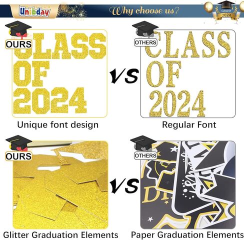 Graduation Decorations Class of 2024, 2024 Graduation Party Decorations, Congrats Grad Banner, Class of 2024, Black and Gold Glitter Sign for College Graduation Party Supplies in Kuwait
