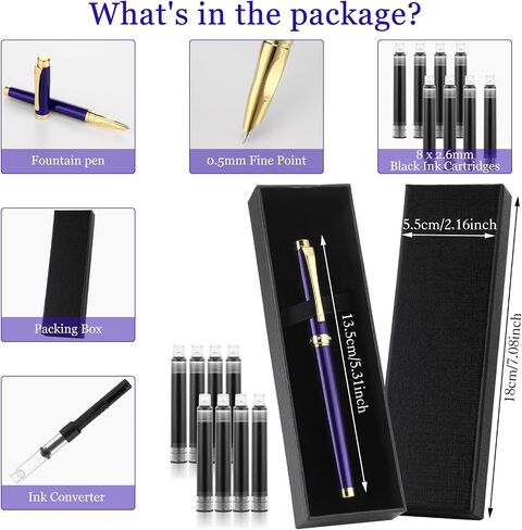 Luxury Fountain Pen Set for Writing, 0.5mm Fine Point Smooth Writing Fountain Pen With 8 Ink Cartridges and Gift Box for Journaling Calligraphy Supplies(Blue) in Saudi Arabia