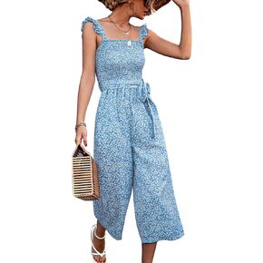 GOTOTOP Women's Backless Elastic Jumpsuit Sleeveless Ruffle Summer Jumpsuit Floral Print Romper Side Zipper 2 Pockets