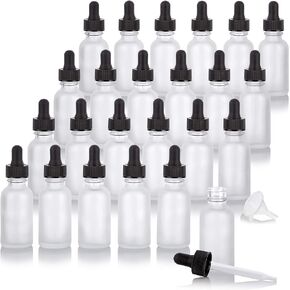 JUVITUS 1 oz Frosted Clear Glass Boston Round Bottle with Black Dropper (24 pack) + Funnel