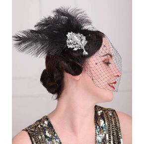 1920s Flapper Feather Headpiece with Black Birdcage Veil Pearl Costume Feather Hair Clip Fascinator Roaring 20s Hair Accessories for Women and Girls