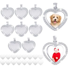 Hicarer 24 Pcs Sublimation Rhinestone Trays Pendant Set Including 8 Heart Shape Double Sided Blank Pendant Charms with 16 Sublimation Blank Discs for Necklaces Chains Jewelry Making Charms