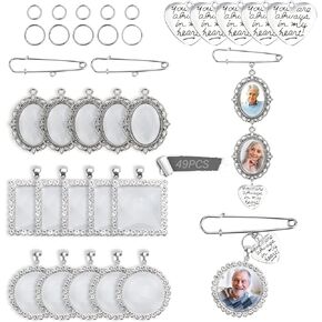 49PCS Wedding Bouquet DIY Photo Charm Oval Round Square Silver Pin Brooch Making Kit with Clear Glass Cabochons Heart Pendant Jump Rings for Craft Jewelry Making