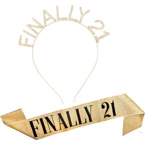 Finally 21 Birthday Sash and Crown, Rhinestone 21st Birthday Headband Set Outfits Gifts for Women Girls 21st Birthday Accessories for Her (Gold Bling/Black)