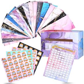 100 Envelopes Challenge Box Set Money Saving Challenge Kit for Save 5050 Dollars in 100 Days Money Saving Budget Box Tracker Scratch off Stickers for Cash Mom Graduation Gift(Marble Style)