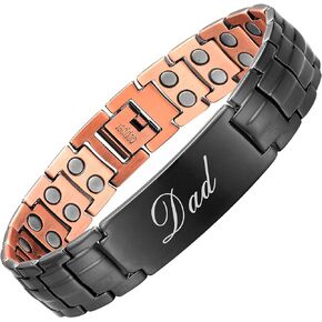 Pure Copper Bracelet for Men Double Row Magnetic Bracelet 8.6" Adjustable Father's Day Gift (Black-Dad)