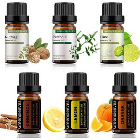 GREENSLEEVES Essential Oil Set for Diffusers, Cinnamon, Lemon, Orange, Nutmeg, Lime and Patchouli Essential Oil Set, Pure Organic Aromatherapy Diffuser Oils 6 Pack