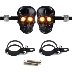 Skull Head LED Amber Turn Signal Motorcycle Turn Signals 10mm Screw Blinkers Indicator Light Universal(Silver)