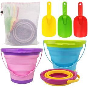 Collapsible Beach Pail Bucket, 3pcs Fordable Sand Buckets and Shovels with Mesh Bag Collapsible Sand Toys for Beach Party Favors for Kids for Beach Camping Travelling