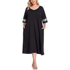 ZERDOCEAN Women's Plus Size Nightgown, Cotton V Neck Nightwear Short Sleeve Sleepwear Loose Comfy Pj Sleep Dress