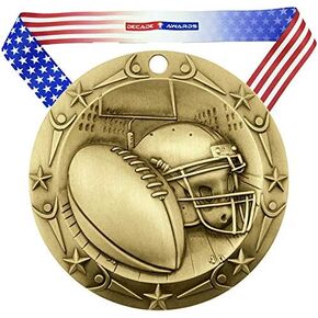 Decade Awards Football World Class Medal - 3 Inch Wide | Football Medal with Stars and Stripes American Flag V Neck Ribbon - Gold or Silver