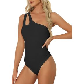 Allegra K Leotard Shirt for Women's One Shoulder Ribbed Knit Slim Fit Bodysuit Tank Tops