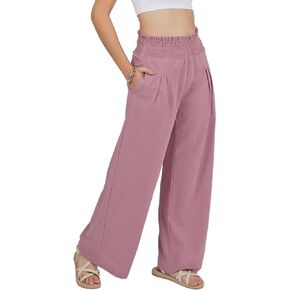 LOFBAZ Women Linen Wide Leg Palazzo Pants Flowy Casual Boho Trousers High Waist Beach Lounge Long Pant with Pockets
