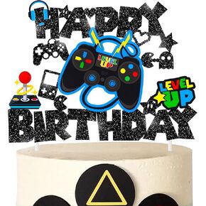 Video Game Happy Birthday Cake Topper Glitter Game Controller Cake Pick Decoration Gamer Birthday Cake Decorations for Video Game Controller Themed Kids Birthday Party Baby Shower Supplies (Black)