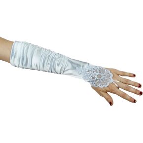Grace Fingerless Long Gathered and Beaded Gloves, Light Blue