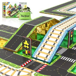 90PCS Magnetic Tile Road Toppers Kids Toys Magnetic Tile Accessories Creative Add-on Transformation Activity City Traffic Network Playset Sensory Play Learn and Grow Toy Gifts for Kids Age 3 4 5 6 7