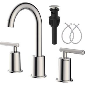 Bathroom Faucets Brushed Nickel, 8 Inch Widespread Bathroom Sink Faucet, Bathroom Faucet for Sink 3 Hole, Two Handle Bathroom Faucet with Pop Up Drain and Faucet Water Lines