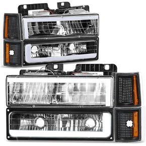 Auto Dynasty 8pcs Headlights Assembly with Bumper and Corner Lamps Compatible with GMC C10 C/K 1500 2500 3500 Yukon 1994-2000, Driver and Passenger Side, Smoke Lens