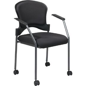 Office Star Padded Coal FreeFlex Mesh Seat Visitors Chair with Armrests, Upholstered Contour Back, Titanium Finish Frame, and Dual Wheel Carpet Casters, Black