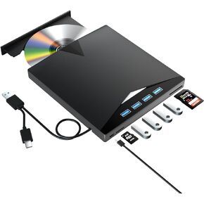 7 in1 External CD DVD Drive with 4 USB Ports and TF/SD Card Slots,USB 3.0 Portable CD/DVD Disk Drive Player Burner Reader Writer for Laptop MacBook Desktop PC Windows 11/10/8/7 Linux Mac OS