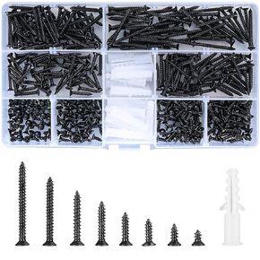 420 Pcs M3 Flat Head Wood Screws Assortment Kit, Phillips Drive Countersunk Head Self-Tapping Fasteners Screws, Carbon Steel Wood Screws, Contains 20 Pcs M6 Screw Anchors (Black) in Kuwait